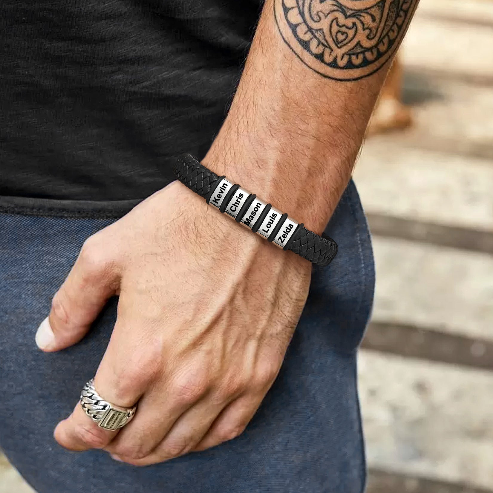 Personalized Leather Bracelet with Engraved Beads for men
