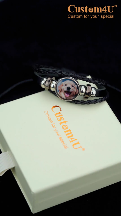 Personalized Braided Leather Photo Bracelet with Picture For Men