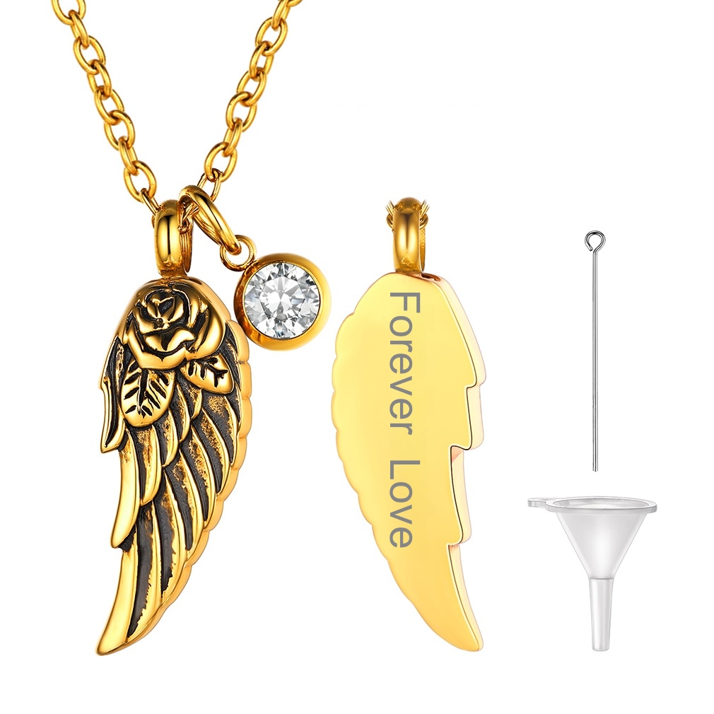 gold Birthstone Angle Wing Cremation Urn  Necklace