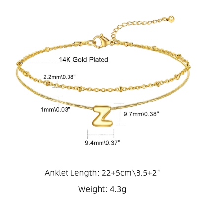 Gold Bubble Letter Initial Anklet Chain size