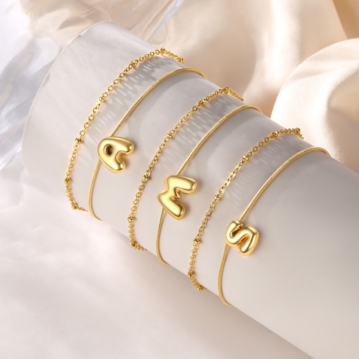 14K Gold Bubble Letter Layered Anklet for Women