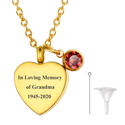 gold Heart Cremation Urn Necklace for Ashes with Birthstone Charm