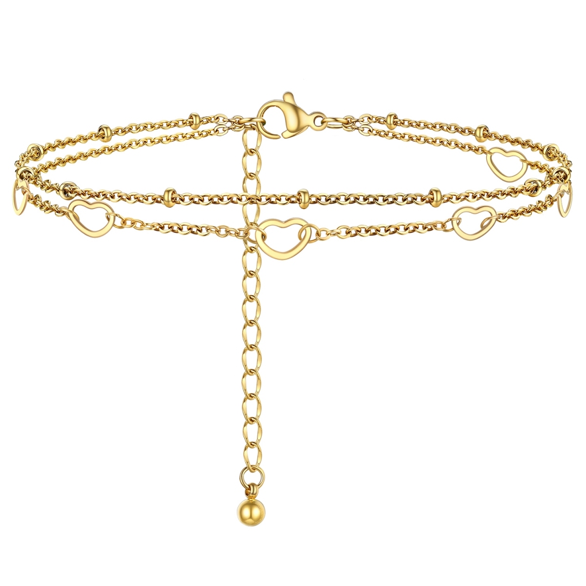 gold Layered Heart Anklet Beaded Chain
