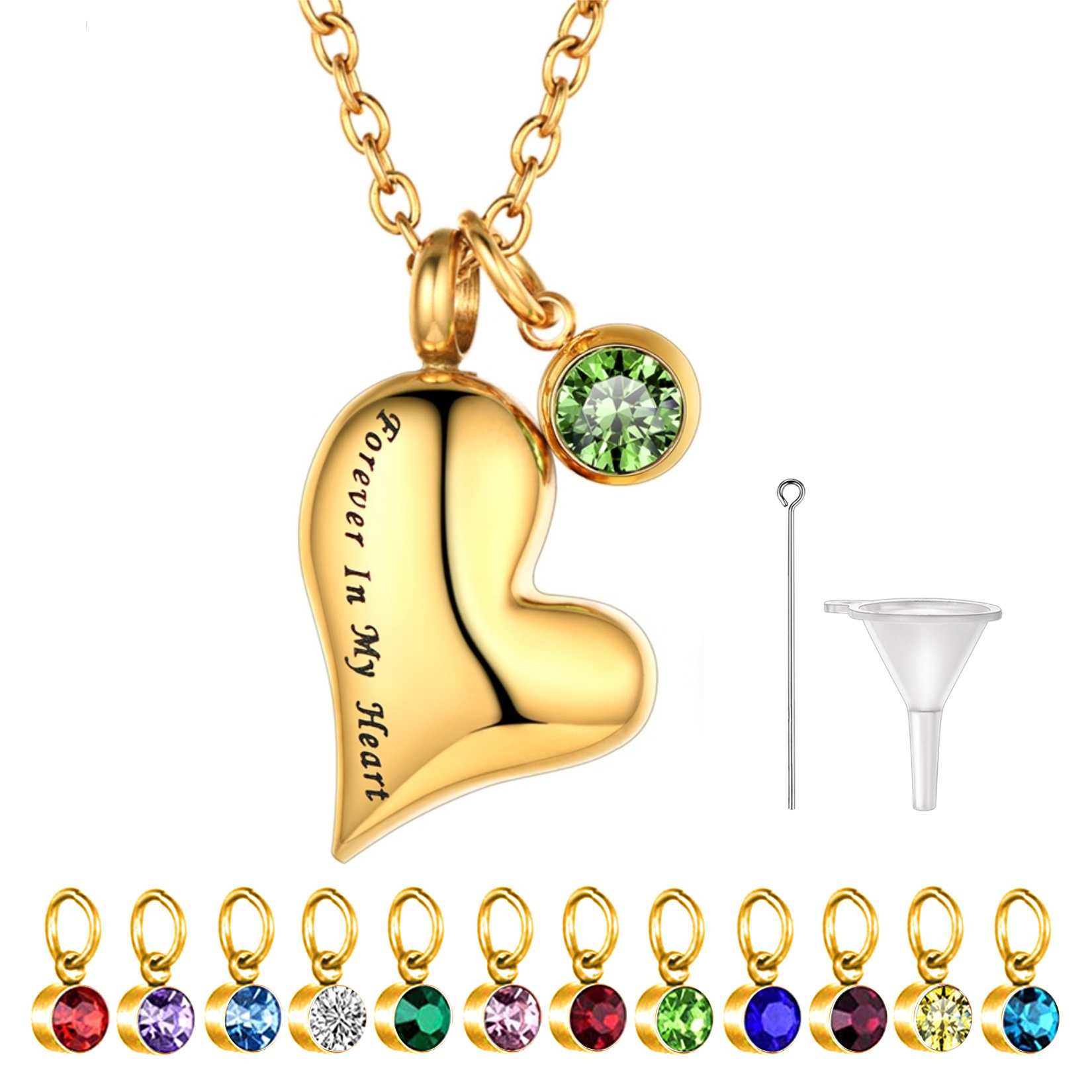 gold Heart Birthstone Cremation Urn Necklace for Ashes