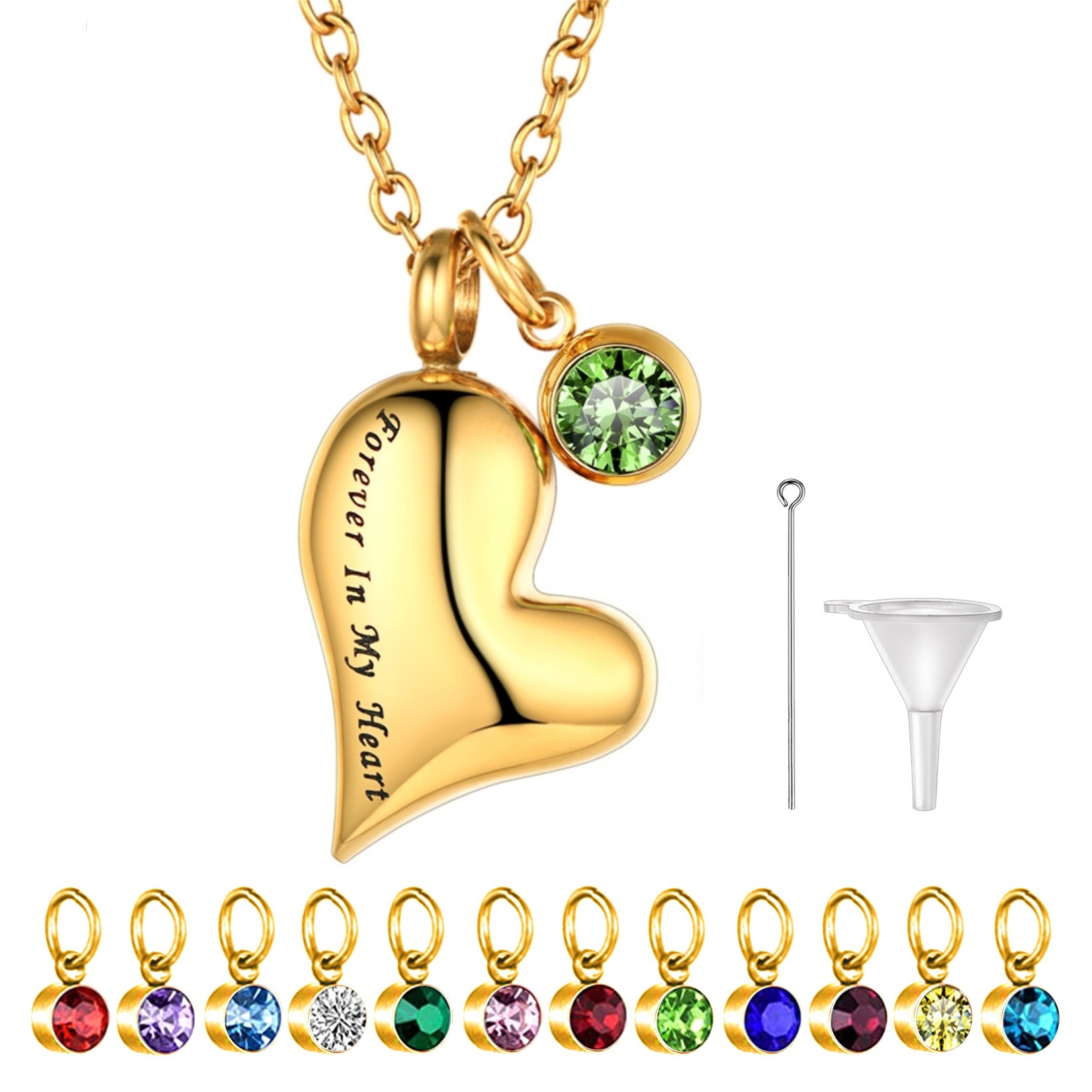 gold Heart Birthstone Cremation Urn Necklace for Ashes
