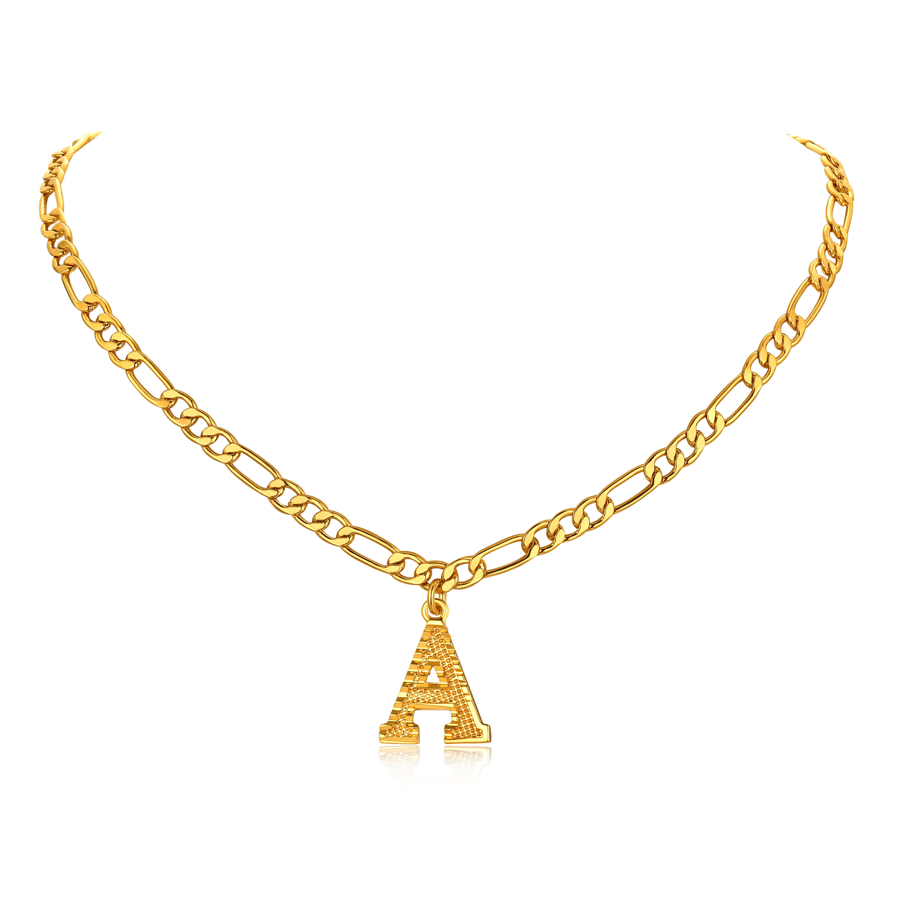14K Gold Plated Initial Letter Necklace With Figaro Chain