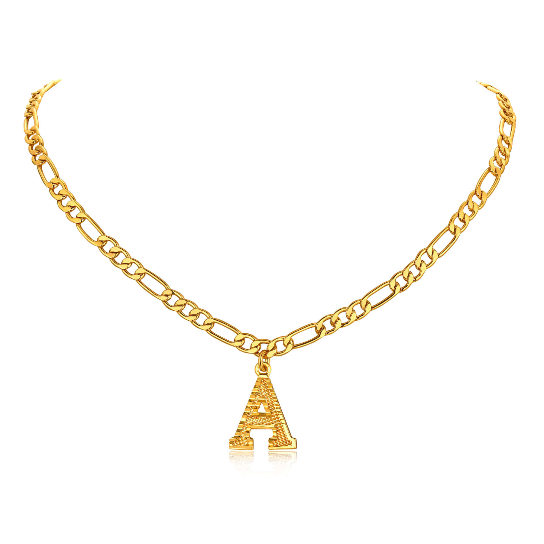 14K Gold Plated Initial Letter Necklace With Figaro Chain