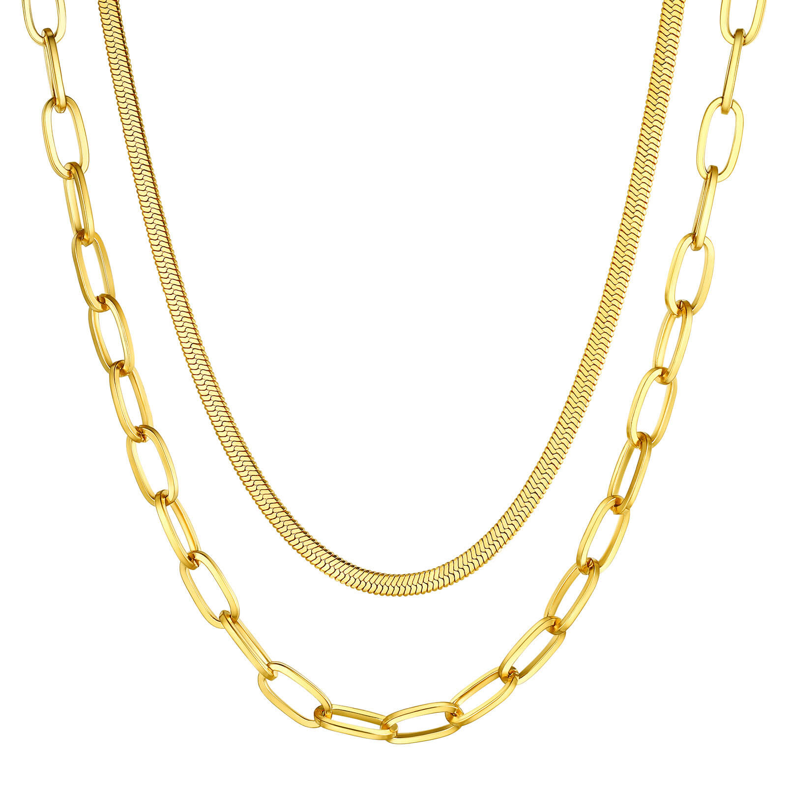 Layered Paperclip and Herringbone Chain Necklace Set for Women