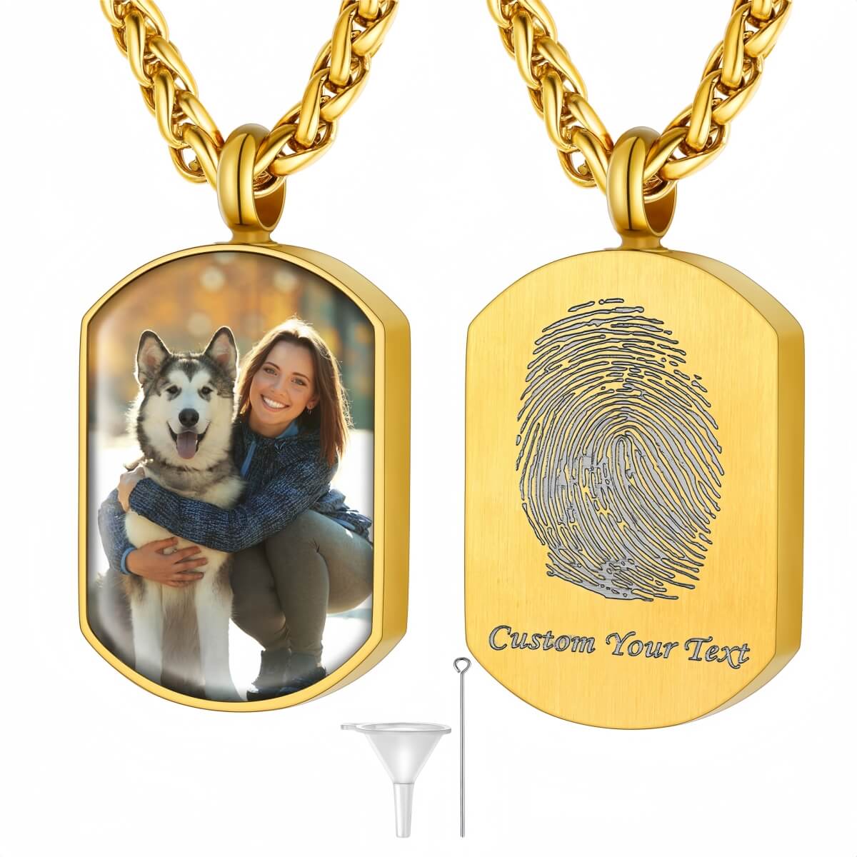 Custom Photo Dog Tag Cremation Urn Necklace for Pet Ashes with Fingerprint