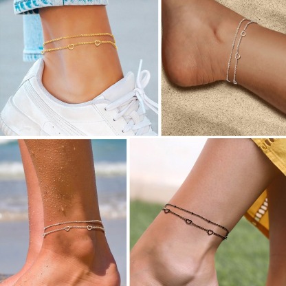 Layered Heart Beaded Chain Anklet model show