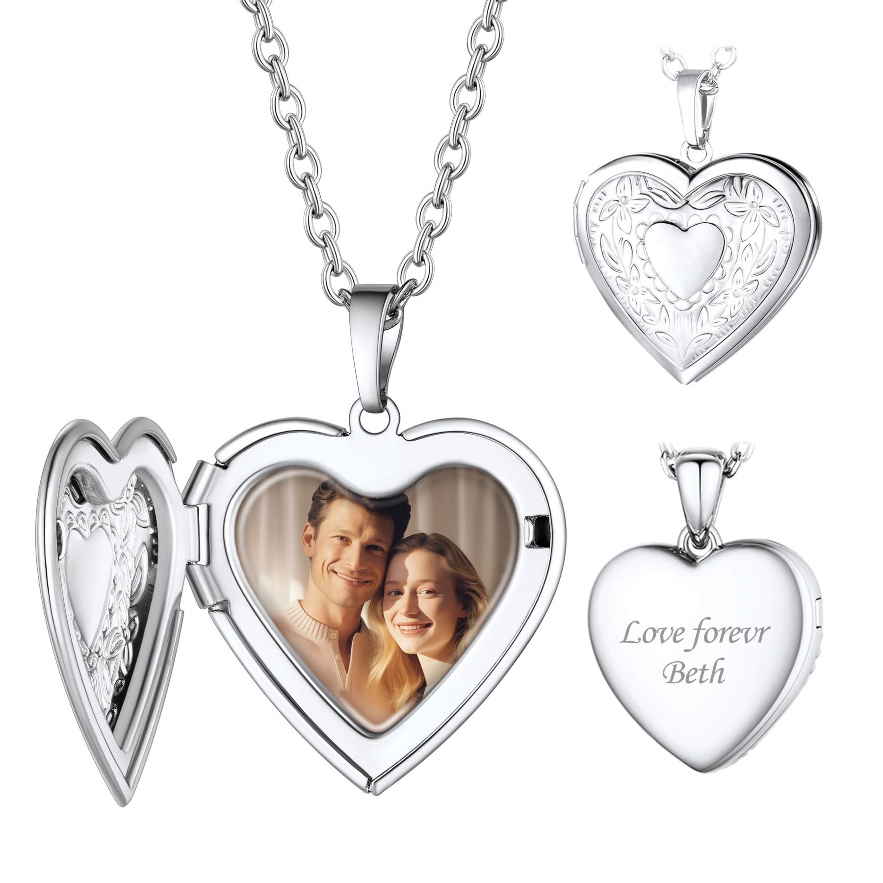 Personalized Photo Heart Locket Necklace with Picture and Sculpted Flowers