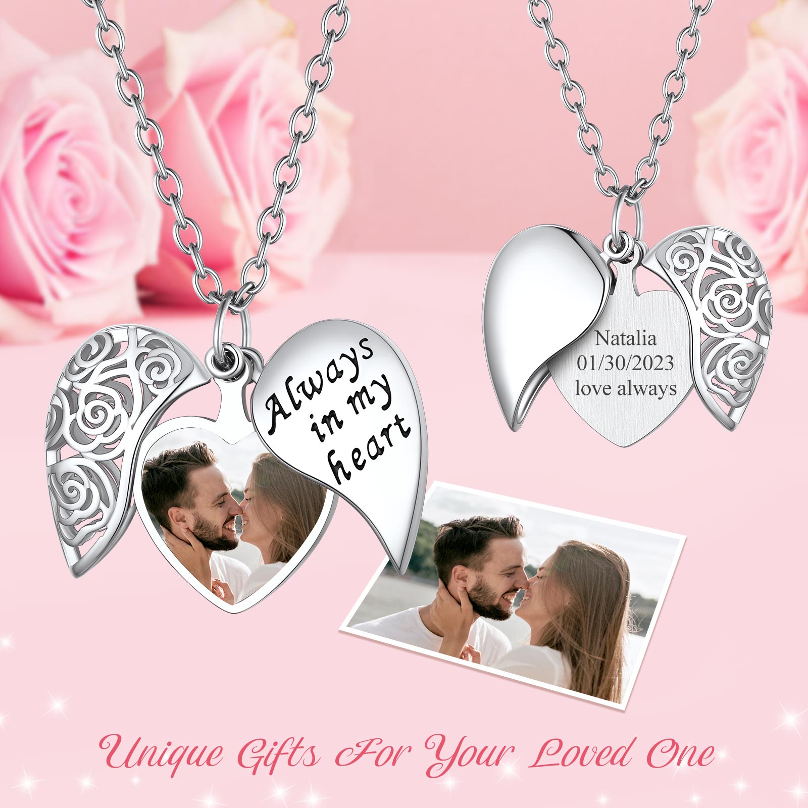 Customized Rose Heart Photo Locket Necklace For Women