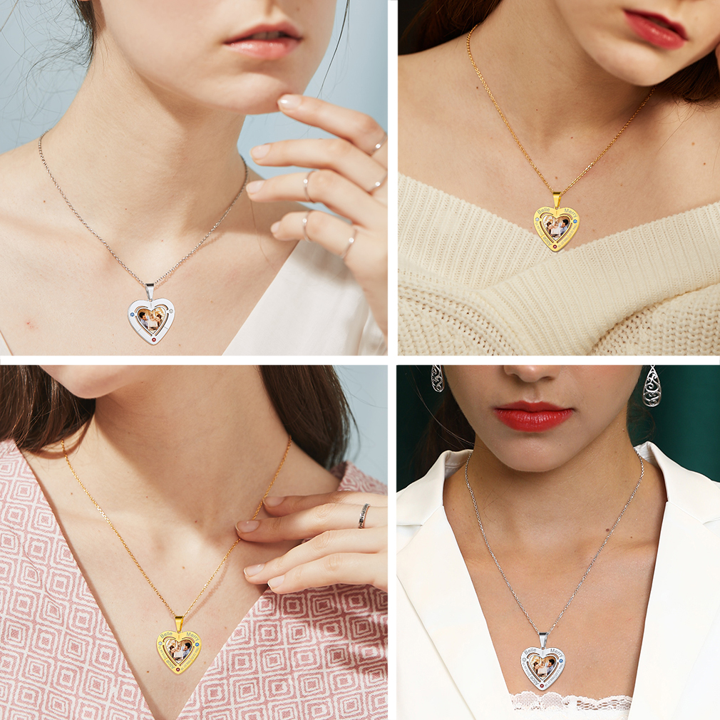 Custom Birthstone Heart Photo Necklace