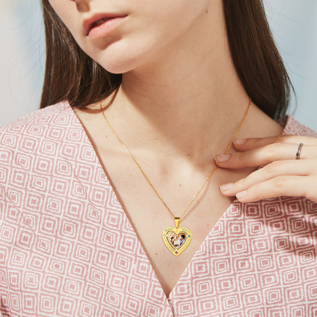 Custom Birthstone Heart Photo Necklace for Mom women