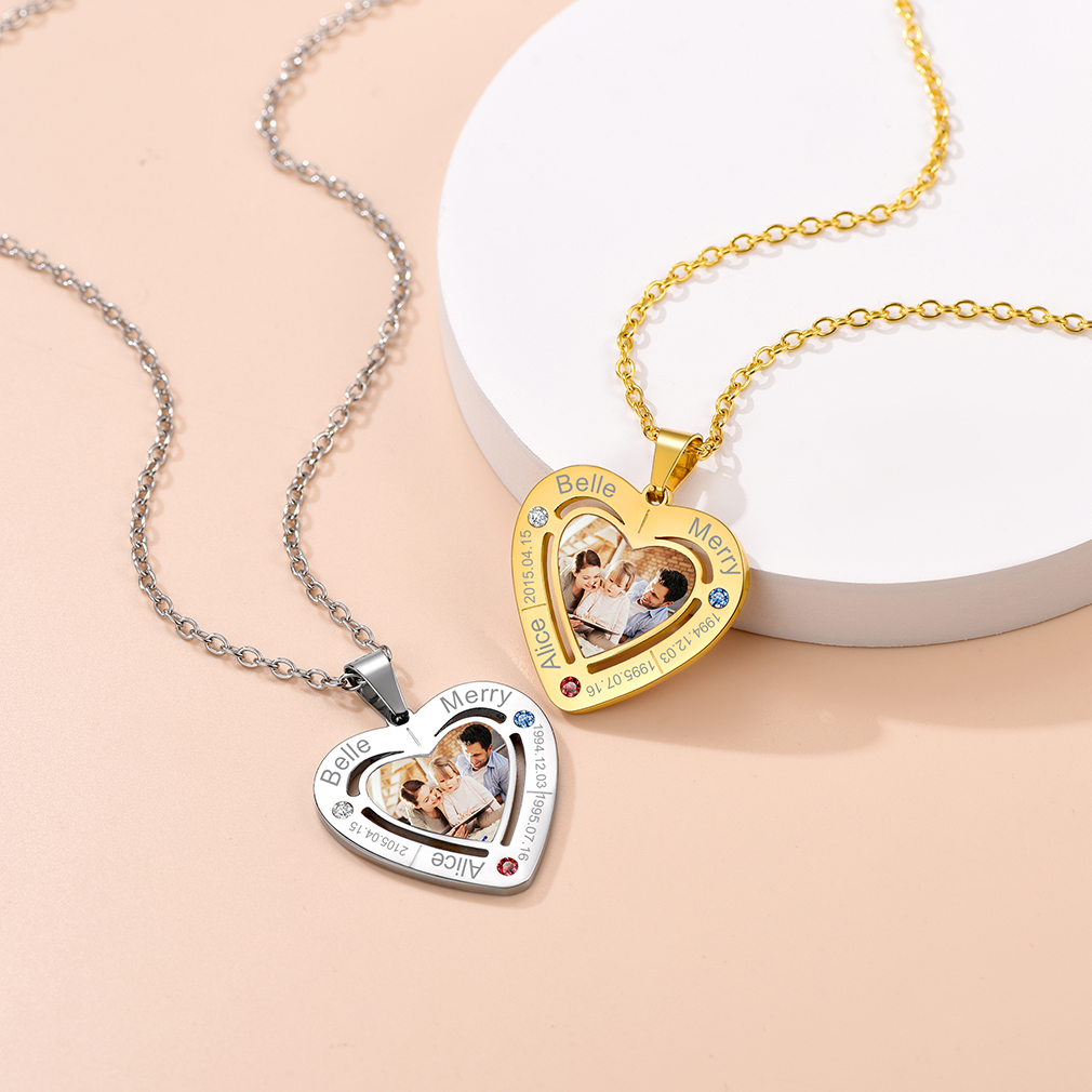 Personalized Birthstone Heart Photo Necklace for Mom