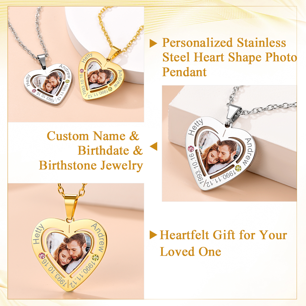 Custom Birthstone Heart Photo Necklace for Mom detail