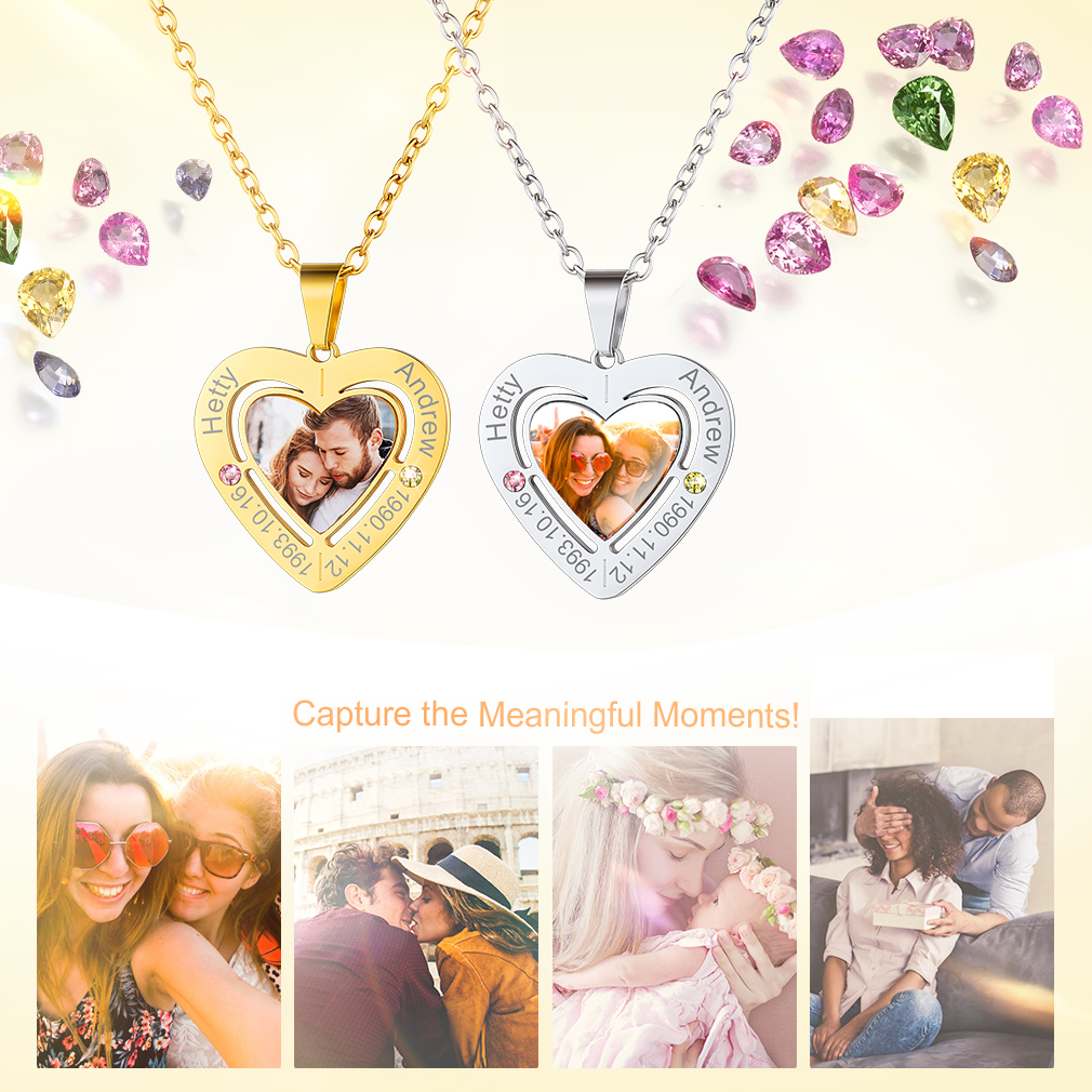 Custom Birthstone Heart Photo Necklace gift