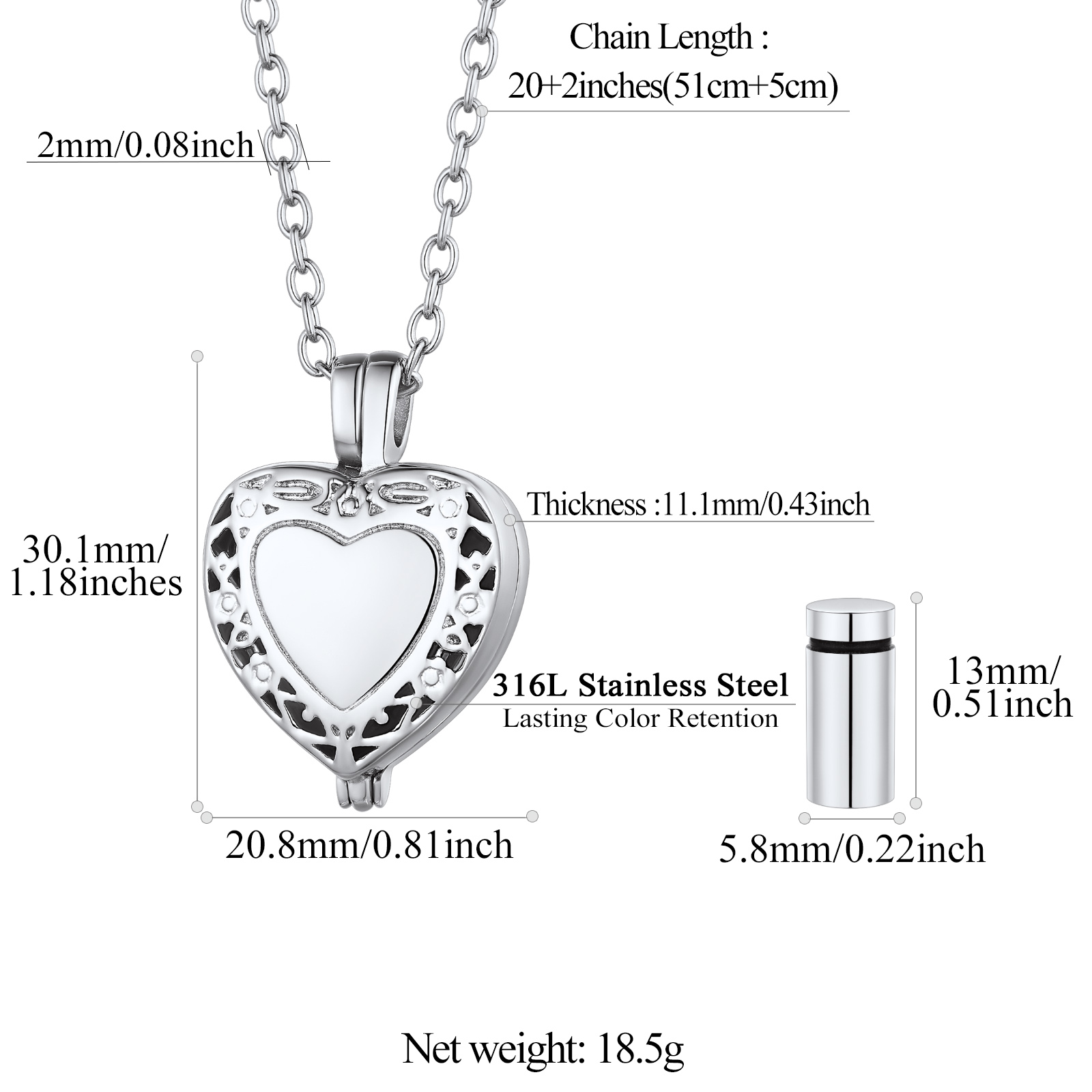 Heart Cremation Urn Necklace for Ashes size
