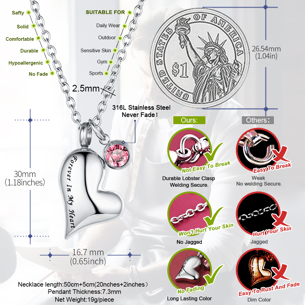 Heart Birthstone Cremation Urn Necklace size