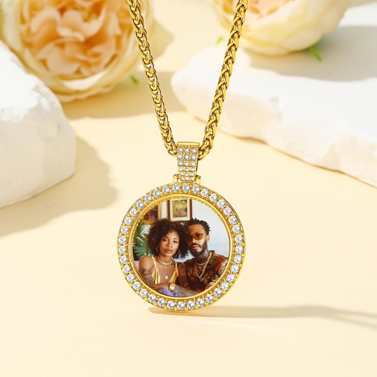 Custom gold Iced Out Round Pendant Photo Necklace