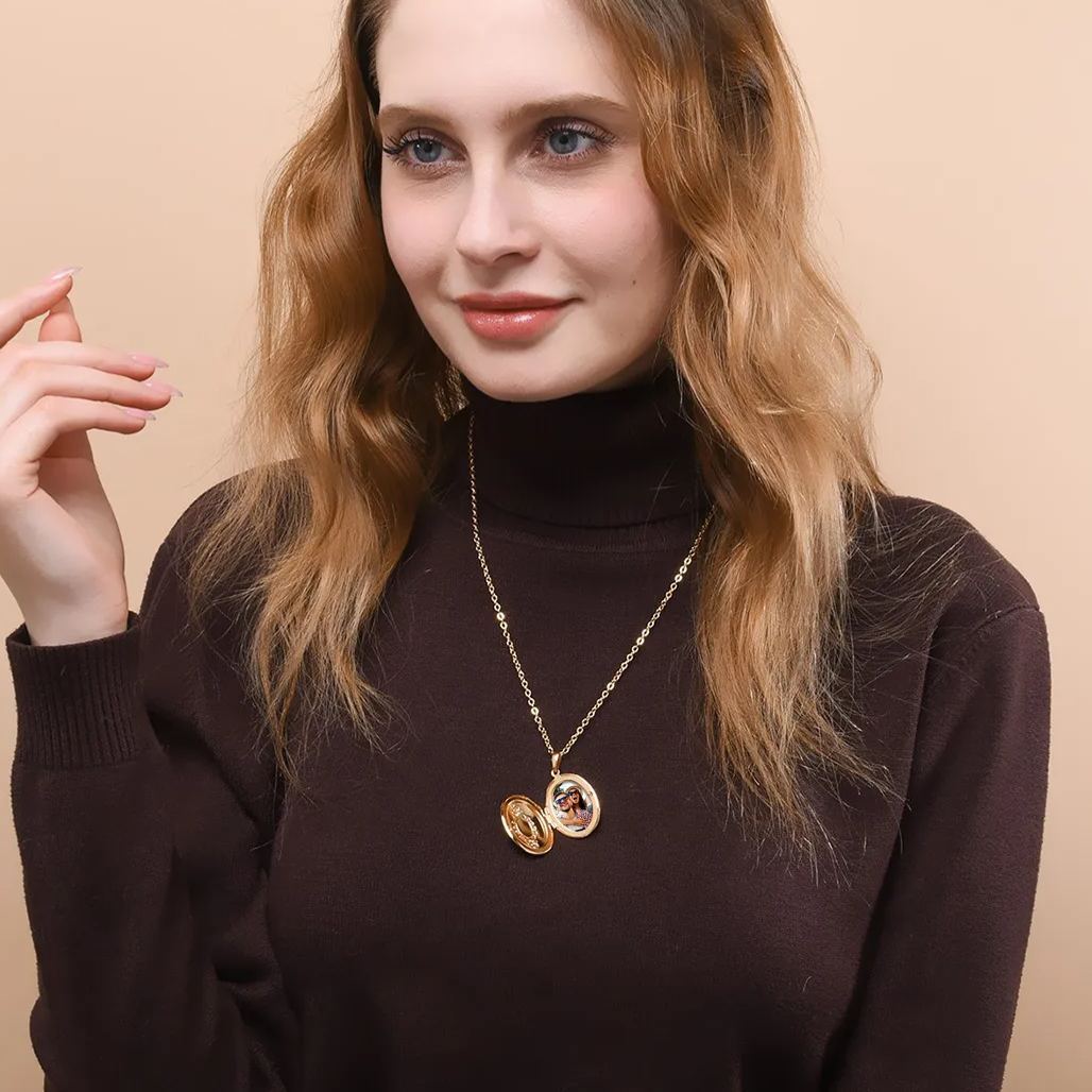 Custom Engraved Photo Oval Locket Necklace Shaped Gold Plated Copper with Chain