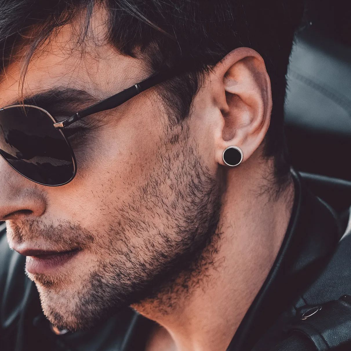 925 Sterling Silver Viking Rune Black Onyx Stud