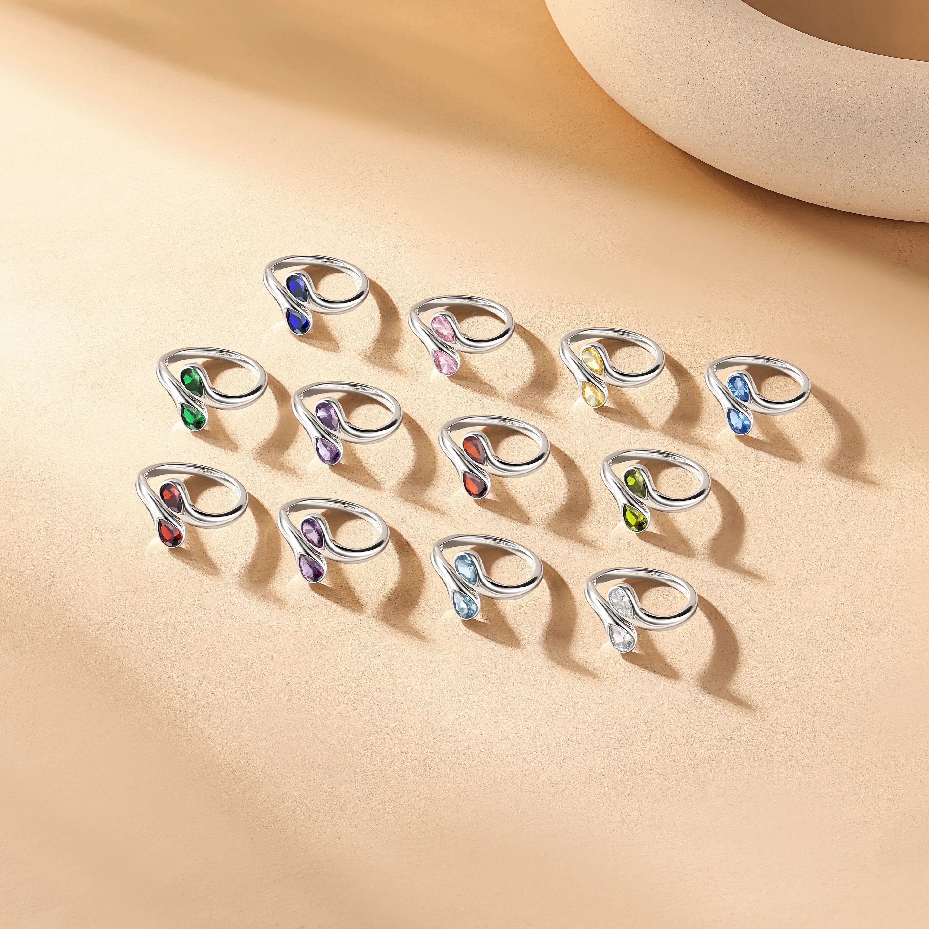 Birthstone Sterling Silver Adjustable Ring With Shaped Gemstone For Women collection