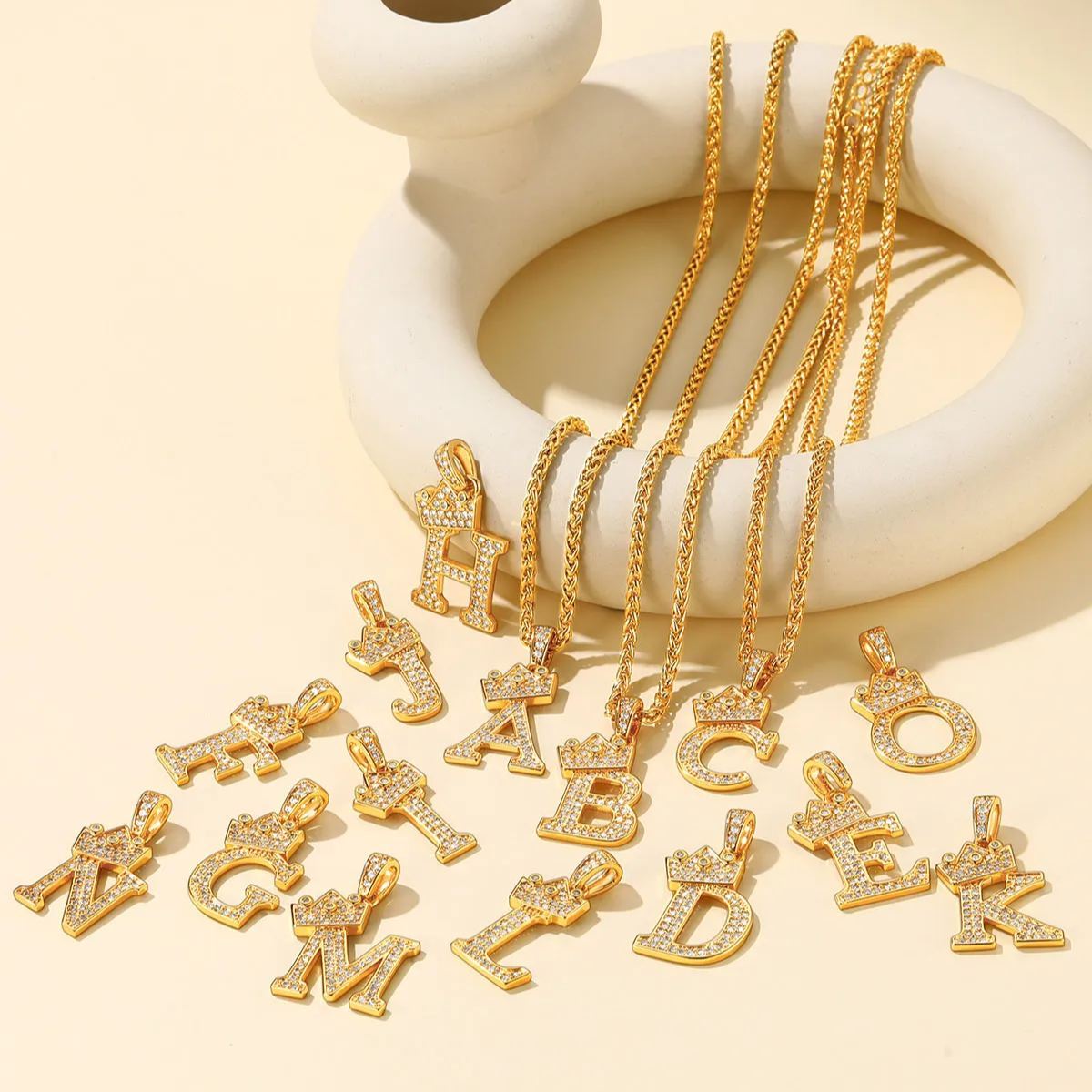 Initial A-Z 18K Gold Plated Crown Shiny Cubic Zirconia Monogram Pendant Necklace STYLE