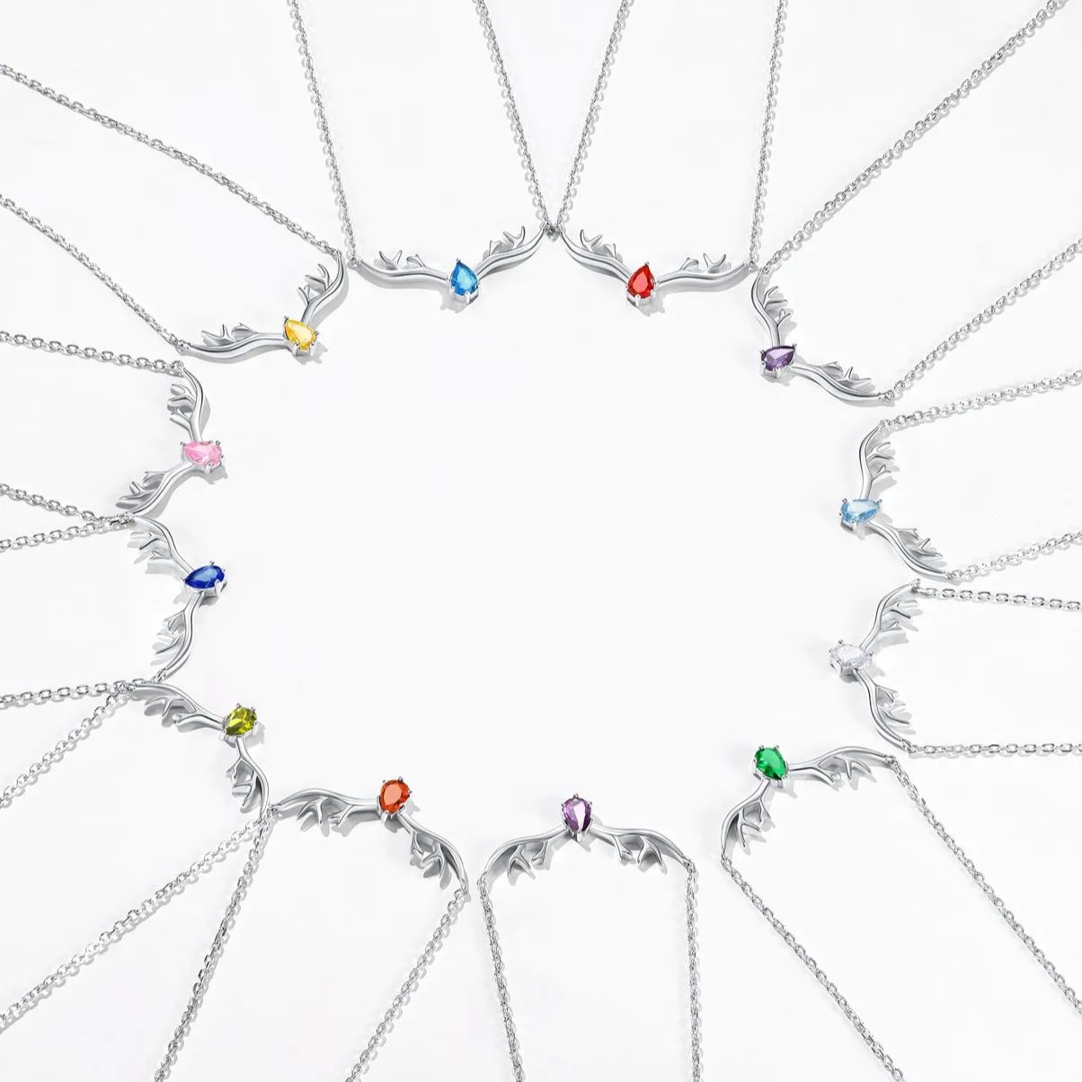 Birthstone Sterling Silver Pendant Cute Antler Deer Necklace For Women color