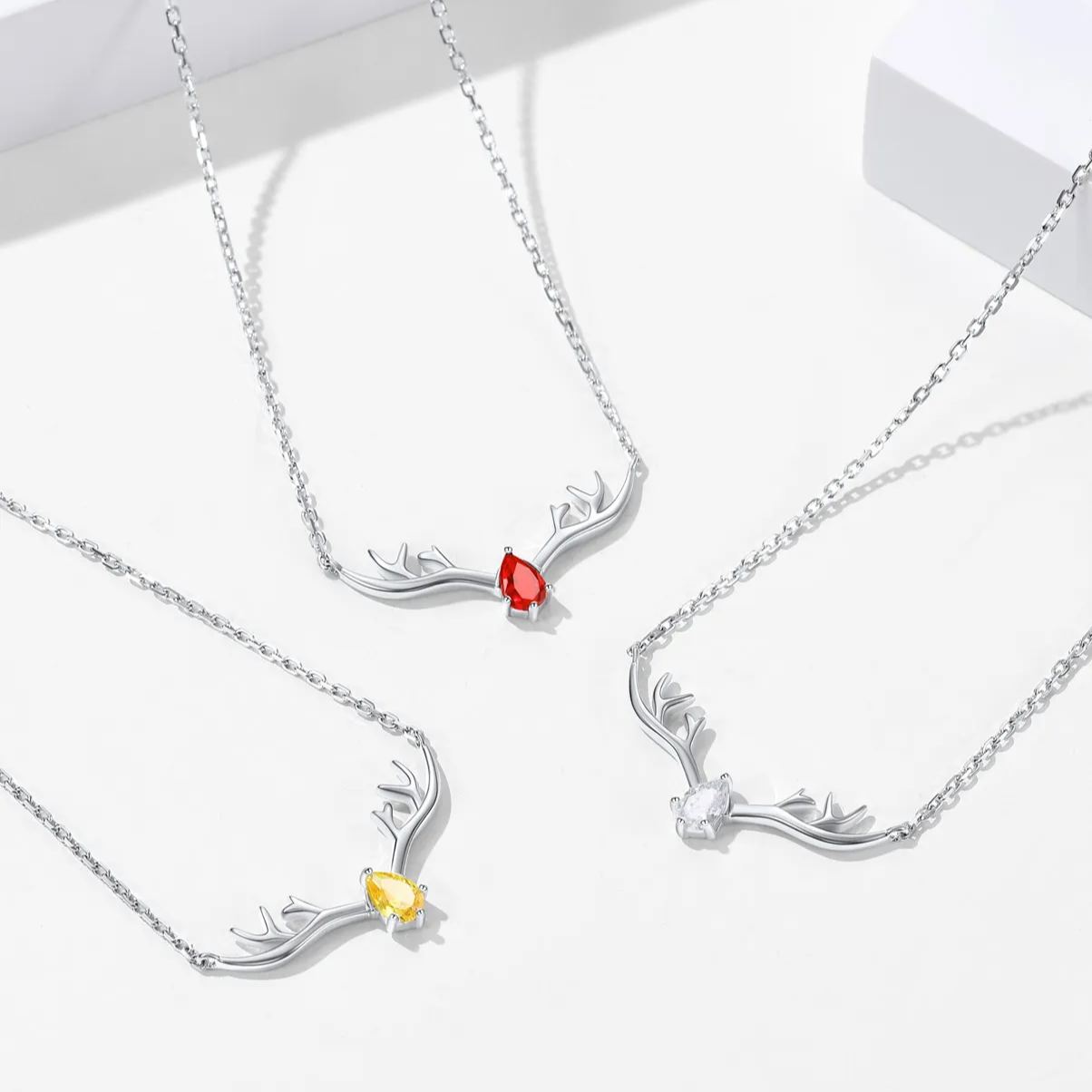 Birthstone 925 Sterling Silver Pendant Cute Antler Deer Necklace For Women color