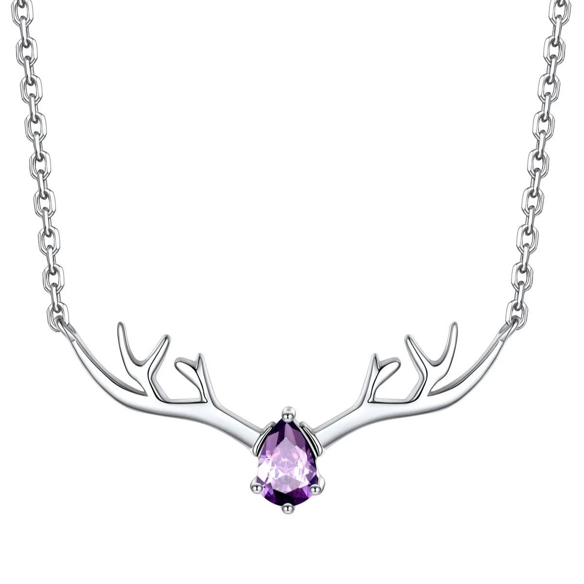 Birthstone Sterling Silver Pendant Cute Antler Deer Necklace For Women Feb