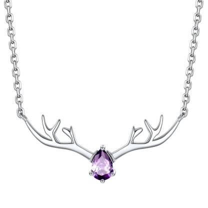 Birthstone Sterling Silver Pendant Cute Antler Deer Necklace For Women Feb