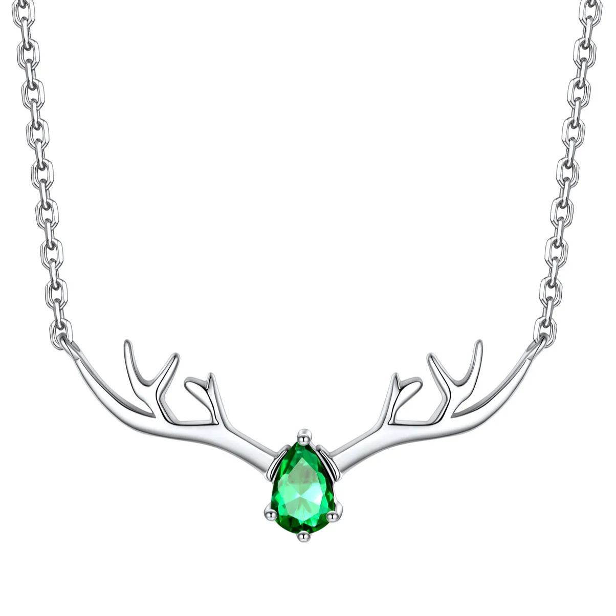 Birthstone Sterling Silver Pendant Cute Antler Deer Necklace For Women May