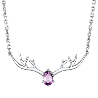 Birthstone Sterling Silver Pendant Cute Antler Deer Necklace For Women Jun