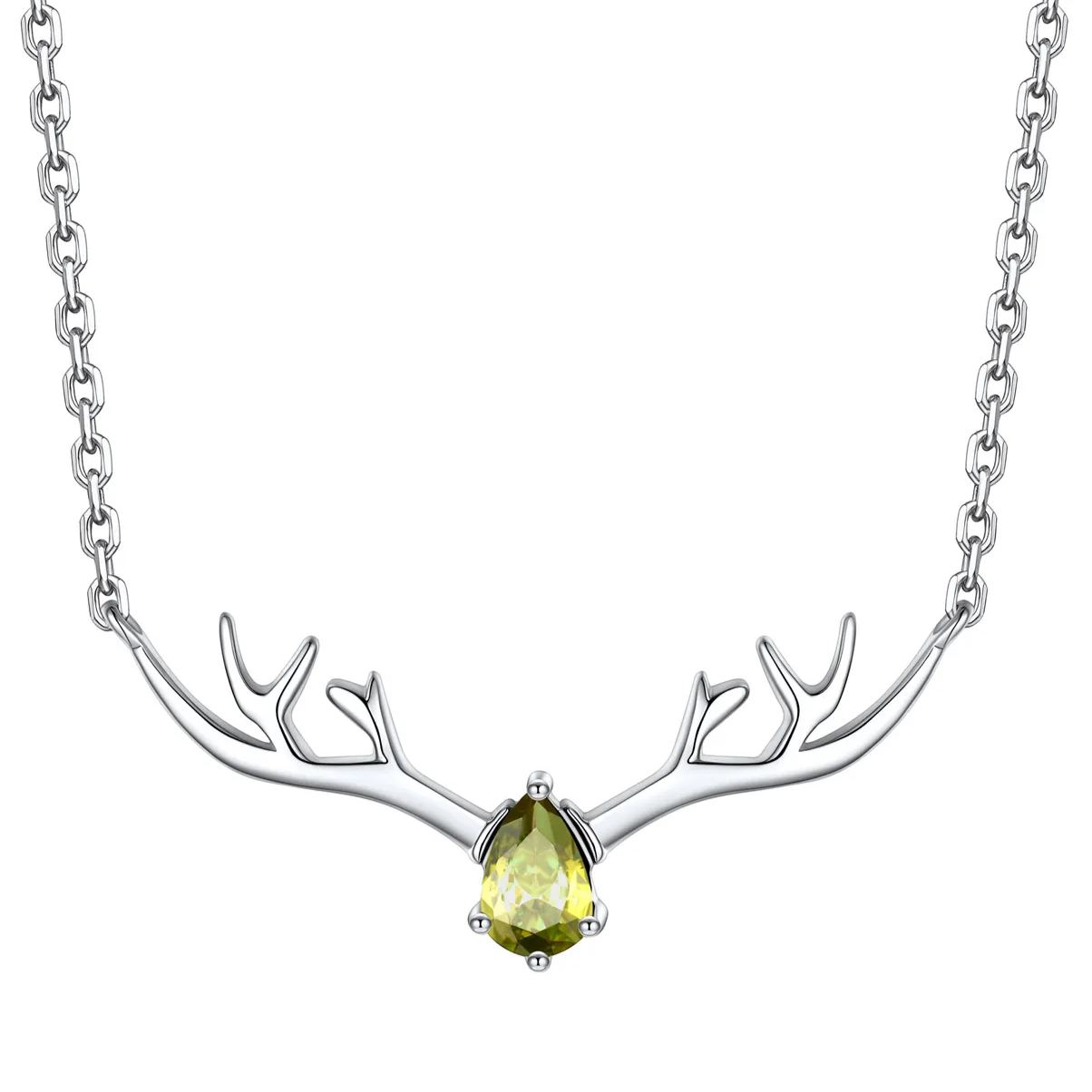 Birthstone Sterling Silver Pendant Cute Antler Deer Necklace For Women Aug