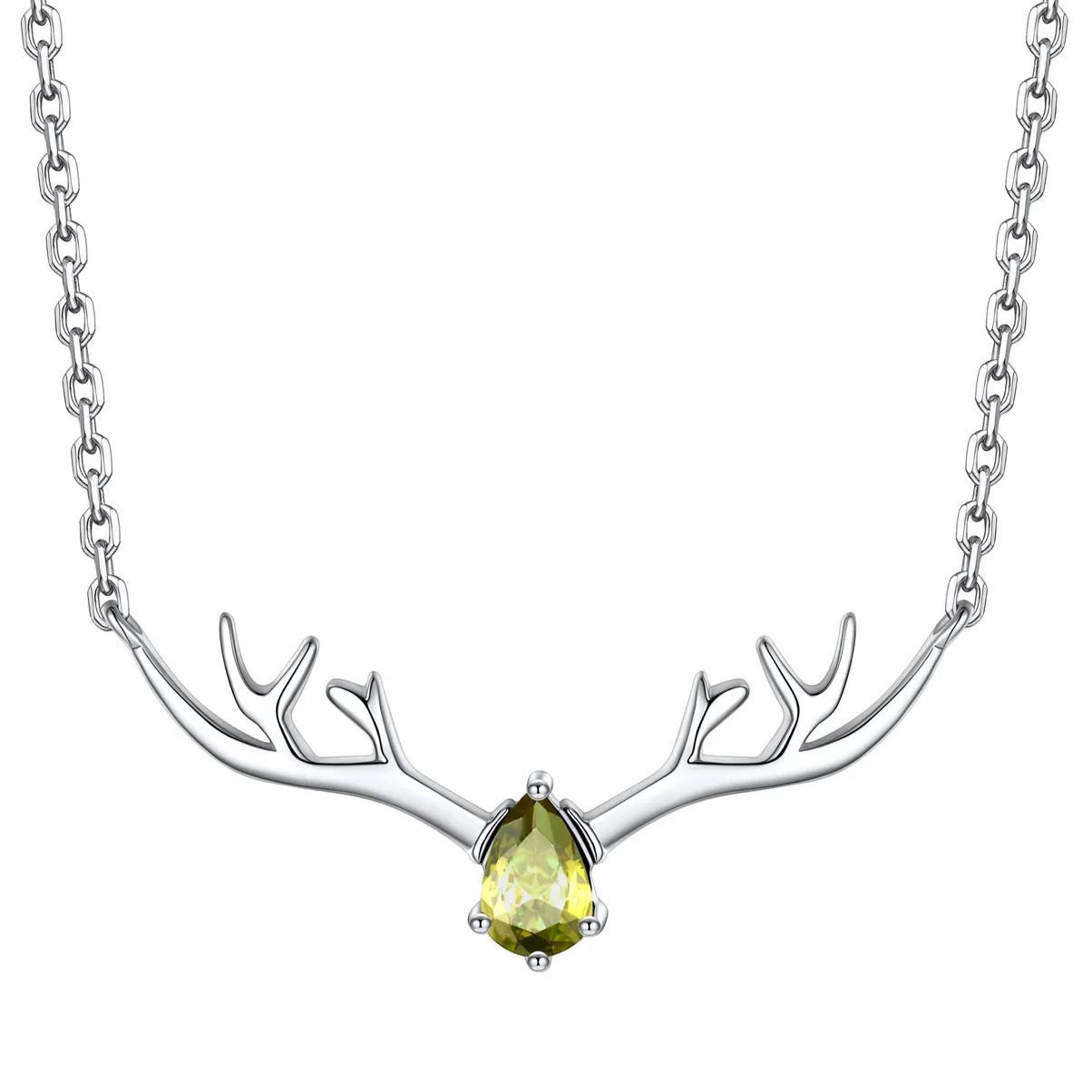 Birthstone Sterling Silver Pendant Cute Antler Deer Necklace For Women Aug