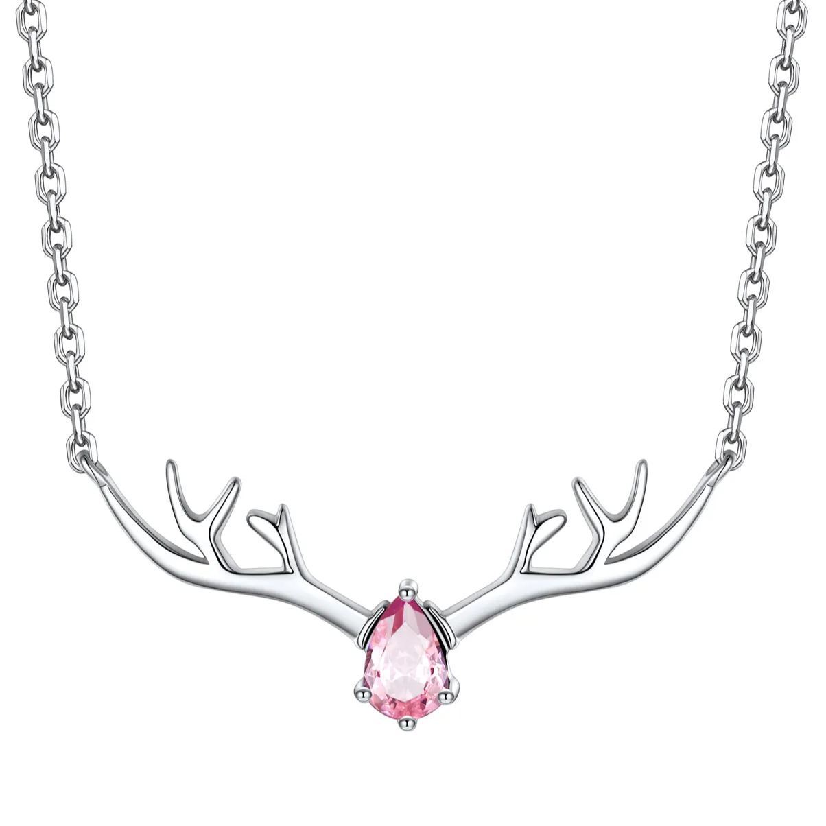 Birthstone Sterling Silver Pendant Cute Antler Deer Necklace For Women Oct