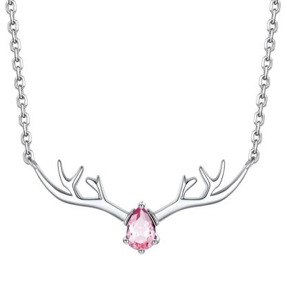 Birthstone Sterling Silver Pendant Cute Antler Deer Necklace For Women Oct