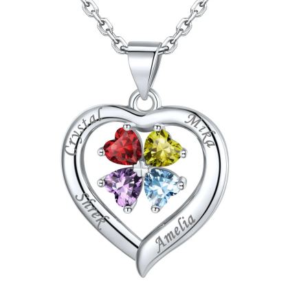 Personalized Four Leaf Clover Heart Birthstone Necklace 4 birthstone silver