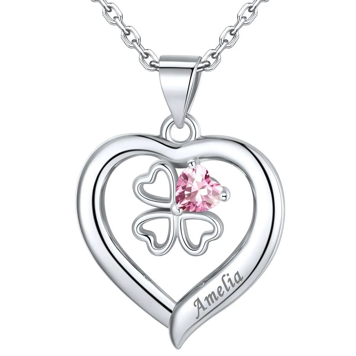 Personalized Four Leaf Clover Heart Birthstone Necklace 1 birthstone silver