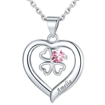 Personalized Four Leaf Clover Heart Birthstone Necklace 1 birthstone silver