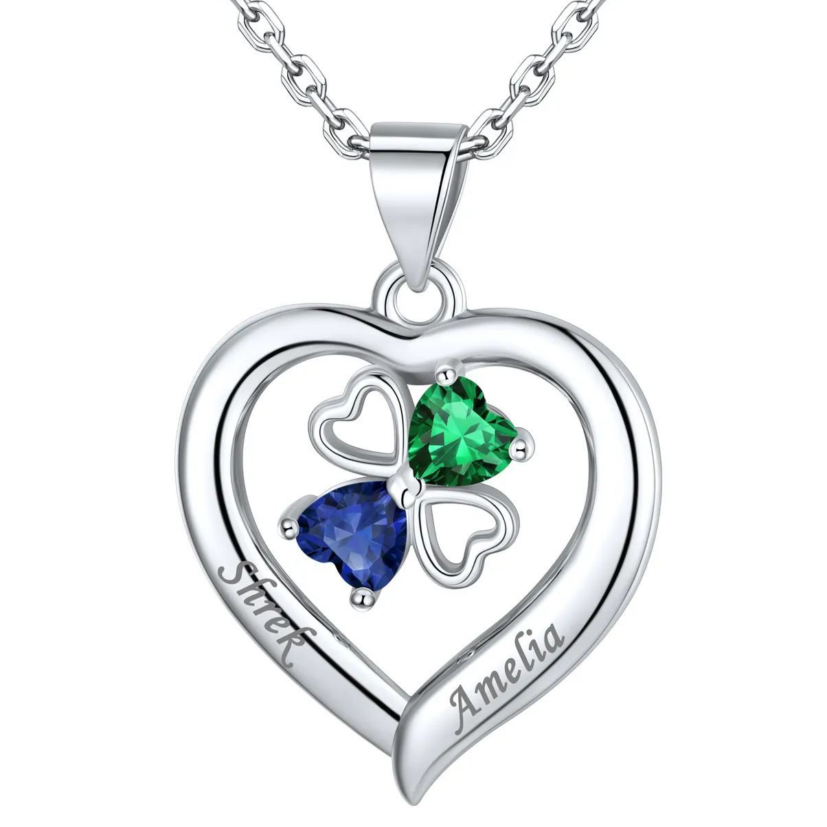 Personalized Four Leaf Clover Heart Birthstone Necklace 2 birthstone silver