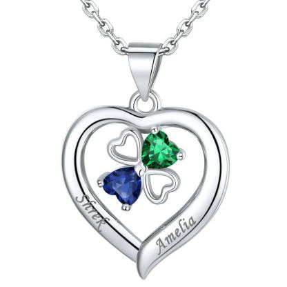 Personalized Four Leaf Clover Heart Birthstone Necklace 2 birthstone silver