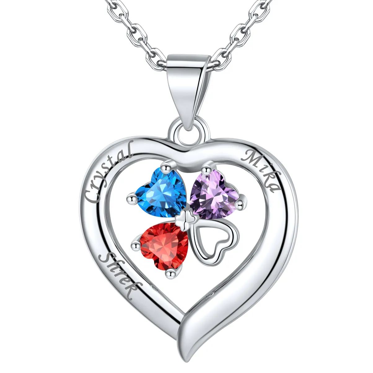 Personalized Four Leaf Clover Heart Birthstone Necklace 3 birthstone silver