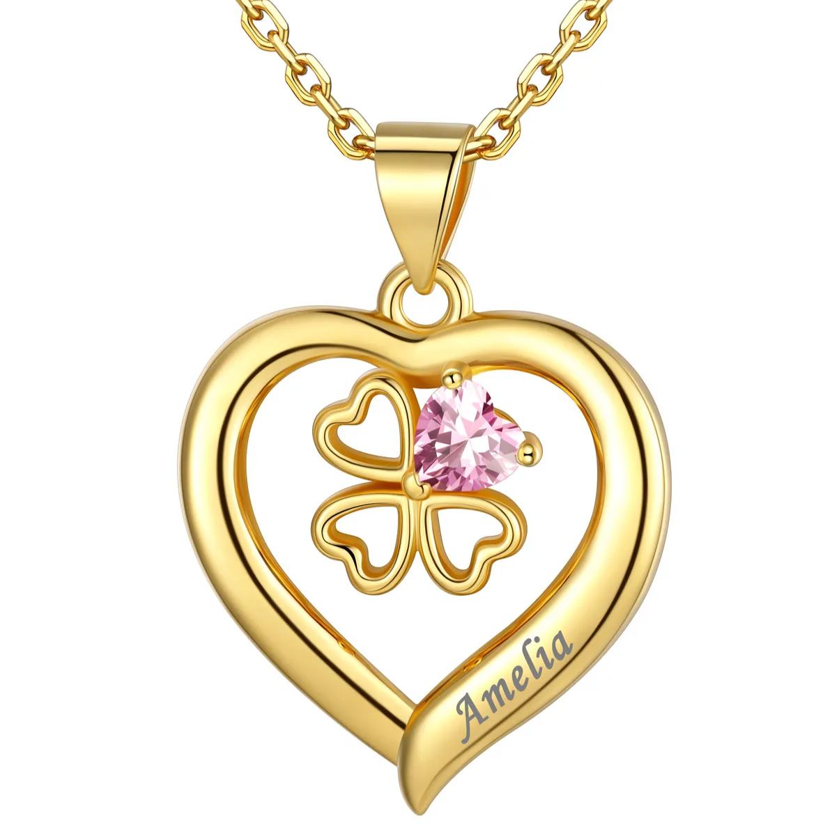 Personalized Four Leaf Clover Heart Birthstone Necklace 1 birthstone gold