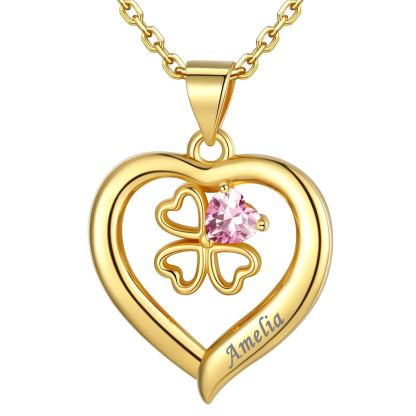 Personalized Four Leaf Clover Heart Birthstone Necklace 1 birthstone gold