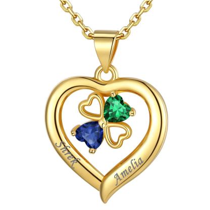 Personalized Four Leaf Clover Heart Birthstone Necklace 2 birthstone gold