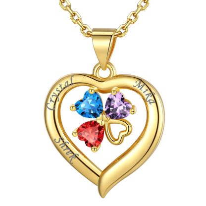 Personalized Four Leaf Clover Heart Birthstone Necklace 3 birthstone gold