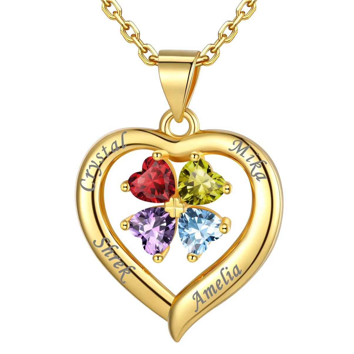 Personalized Four Leaf Clover Heart Birthstone Necklace 4 birthstone gold