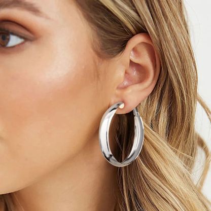 Chunky Hoop Earrings for Women Simple Polished Thick Ear Jewelry model silver